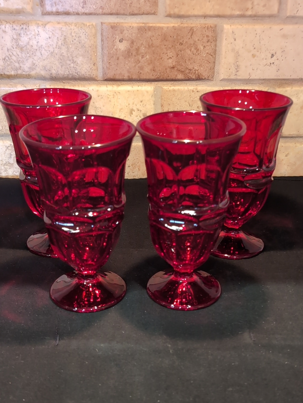 Four (4) MCM Fostoria Argus Ruby Red Paneled Thumb Print Iced Tea Water Glasses